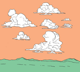 Hand drawn colorful clouds and landscape illustration set