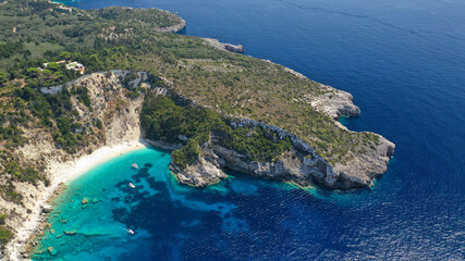 Aerial drone photo of beautiful azure deep turquoise bay and beach of Galazio next to famous Avlaki...