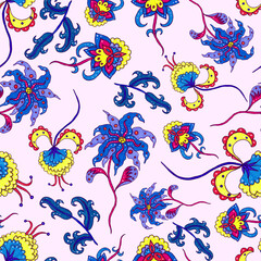 Watercolor seamless pattern with flowers and leaves in ethnic style. Floral decoration. Traditional paisley pattern. Textile design texture.Tribal ethnic vintage seamless pattern.	