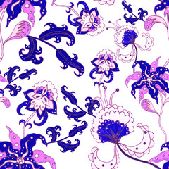 Watercolor seamless pattern with flowers and leaves in ethnic style. Floral decoration. Traditional paisley pattern. Textile design texture.Tribal ethnic vintage seamless pattern.	