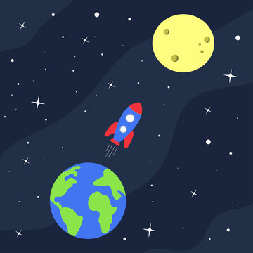 The rocket flies over the Earth to the Moon. Space background with stars