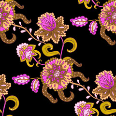 Watercolor seamless pattern with flowers and leaves in ethnic style. Floral decoration. Traditional paisley pattern. Textile design texture.Tribal ethnic vintage seamless pattern.	