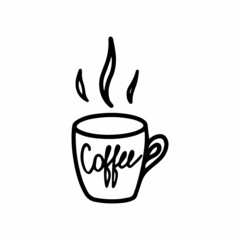 Single hand drawn cup of coffee, chocolate, cocoa, americano or cappuccino. Doodle vector illustration. Funny and cute Illustration for tea party at cafe or Stay home. Isolated on white background.