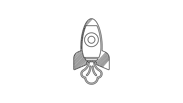 Black line Rocket ship icon isolated on white background. Space travel. 4K Video motion graphic animation