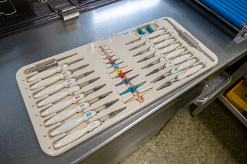  tray contains the instruments for a finger joint prosthesis
