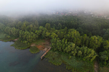 Fototapeta na wymiar Aerial view misty forest near the lake. Morning foggy view. Wooden pier.