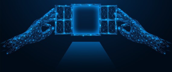 Two hands open the windows. A portal to the world of technology. Low-poly construction of lines and points. Blue background.