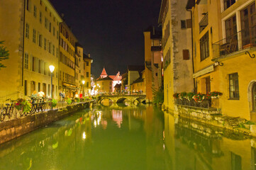 Annecy in Alps, Old city canal view by night, France, Europe