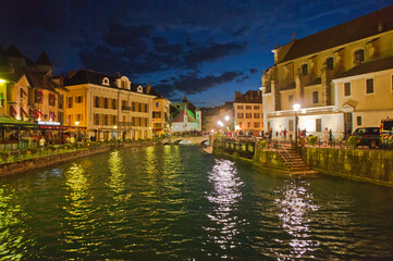 Fototapeta na wymiar Annecy in Alps, Old city canal view by night, France, Europe