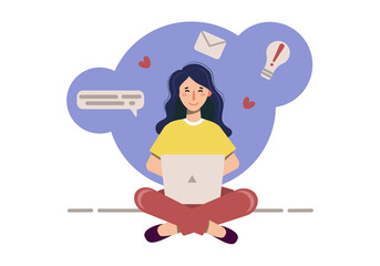 Girl sits with her legs crossed in a meditative pose and works at a laptop