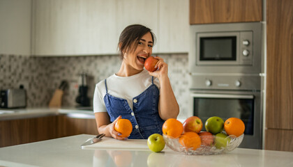 Italian woman cooking vegan fruit salad