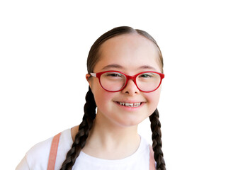 Portrait of little girl smiling on background of the wall - 455366835