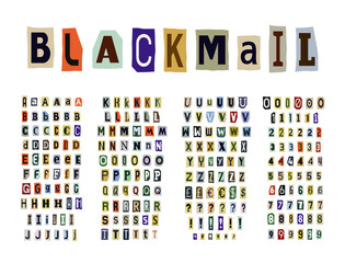 Blackmail/Ransom Anonymous Note Font. Latin Letters and Numbers - obrazy, fototapety, plakaty