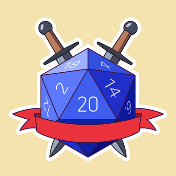 recommend clip art: Blue D20 Die With Red Ribbon and Swords. Colored Outline Style