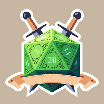 Green D20 Die With Beige Ribbon and Swords. Flat Style