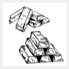 Hand drawn sketch style bars of gold isolated on white background. Vector illustration.