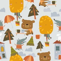 Seamless Pattern with Funny Animals and Autumn Elements