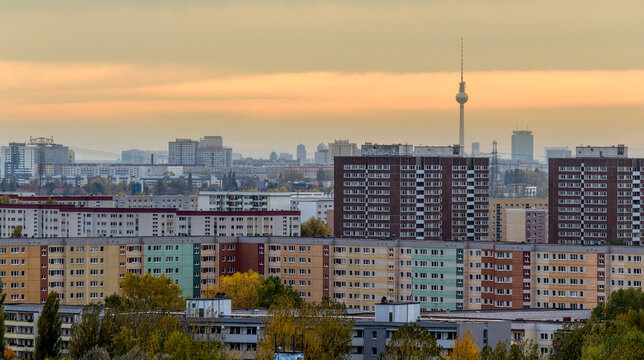 view from hill over the roofs of east-berlin during sunset