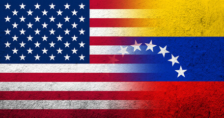 United States of America (USA) national flag with Bolivarian Republic of Venezuela National flag. Grunge background копия