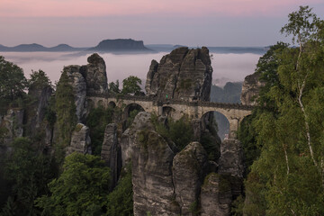 Sunrise at Bastei bridge with sea of clouds