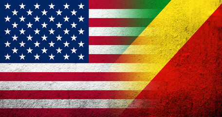 United States of America (USA) national flag with Congo National flag. Grunge background