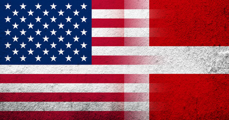 United States of America (USA) national flag with Denmark National flag. Grunge background