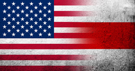 United States of America (USA) national flag with flag of Belarusian Democratic Republic. Grunge background