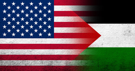 United States of America (USA) national flag with Flag of Palestine. Grunge background