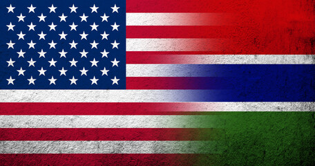 United States of America (USA) national flag with Gambia National flag. Grunge background