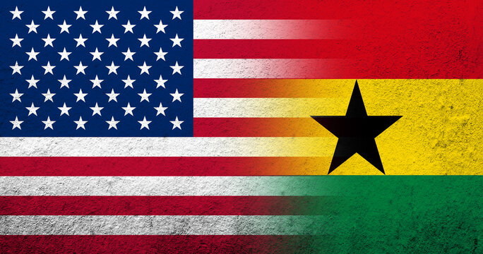 United States of America (USA) national flag with Ghana National flag. Grunge background