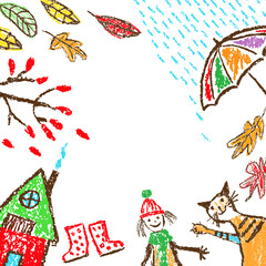 Fototapeta premium Crayon hand drawing autumn cartoon banner frame background. Girl, cat, tree, umbrella, rain, falling leaves. Like kids drawn fun doodle simple vector flat style. Pastel chalk or pencil child painting