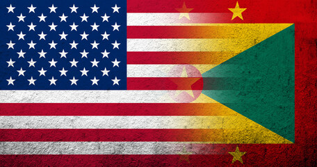 United States of America (USA) national flag with National flag of Grenada. Grunge background
