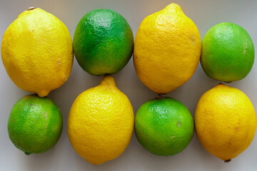 background: Lemon and lime fruits aligned alternately in two rows on white background top view