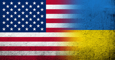 United States of America (USA) national flag with National flag of Ukraine. Grunge background