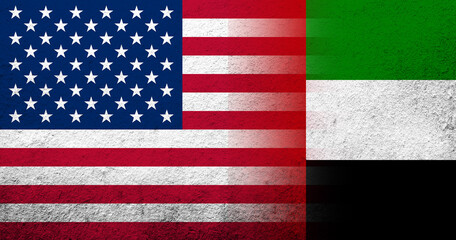 United States of America (USA) national flag with National flag of United Arab Emirates. Grunge background