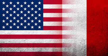 United States of America (USA) national flag with Peru National flag. Grunge background