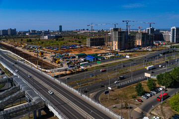 Traffic in the new districts of Kazan. View of highways and flyovers. 