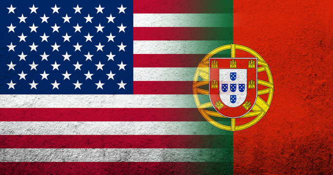 United States of America (USA) national flag with Portugal National flag. Grunge background