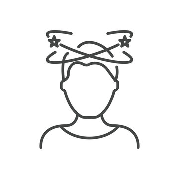Dizziness, Migraine, Headache, Distracted Head Linear Pictogram. Front View. Man Feel Dizzy Line Icon. Tired Man with Nausea Outline Icon. Editable Stroke. Isolated Vector Illustration