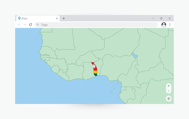 Browser window with map of Togo, searching  Togo in internet.