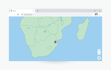 Browser window with map of Swaziland, searching  Swaziland in internet.