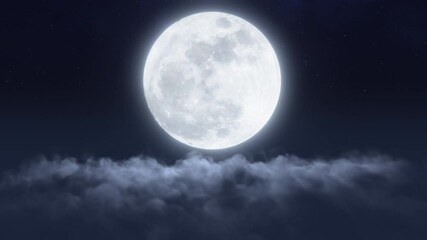 Bright glowing full moon in the sky. Light reflections on clouds. Time lapse, fast moving clouds. Dark blue foggy night, evening sky. Halloween mood. Seamless loop aerial clip. 3D render. 4K animation
