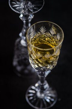 Crystal glass of traditional Georgian chacha brandy on a table