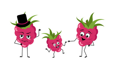 Family of cute raspberry characters with joyful emotions, smile, happy eyes, face, arms and legs. Mom is happy, dad is wearing a hat, and the child is dancing. Sweet berry in the form of a human