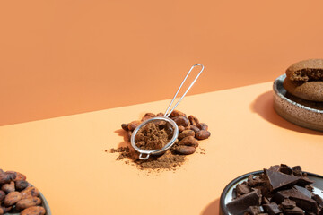 Creative isometric diagonal projection composition with healthy ingredient organic cocoa products:...