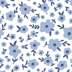 Ditsy floral vector seamless pattern. Small blue forget-me-not flowers on white background. Tiny meadow wildflower motif. Millefleur style texture for nursery, fashion print, textile, wrap, gift paper