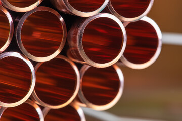 Metallurgical industry copper pipes close up