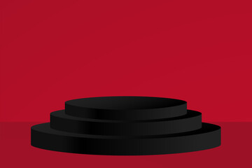 Shopping podium. Black Friday. Vector illustration with copy space. Black oval stage on bright red backdrop