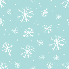 Fototapeta na wymiar Festive Christmas decorations, snowflakes seamless pattern. New year winter print, with hand drawn elements