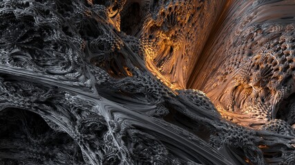 3d render, abstract black fractal background illuminated with yellow neon light, microbiological shapes, macro organic pattern, quantum world wallpaper